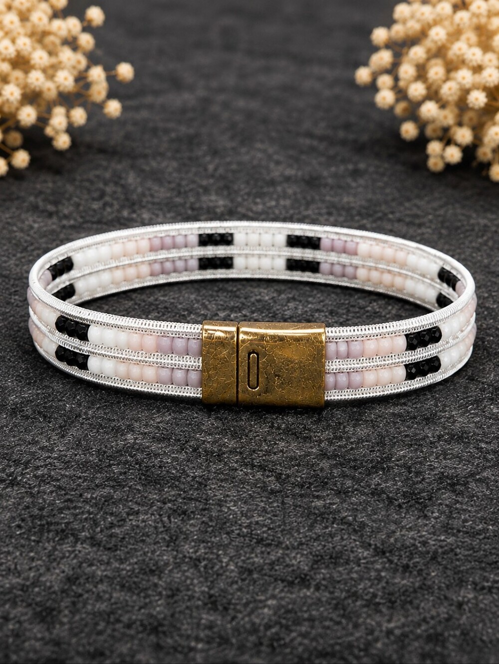 Nakamol NY Neutral Seed Bead Leather Wrap Bracelet Black Cream Boho Cuff CC